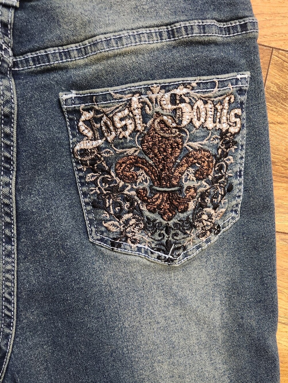 Romwe Embroidered Jeans with Fleur-de-Lis Pocket and Lost Souls Saying, Size M